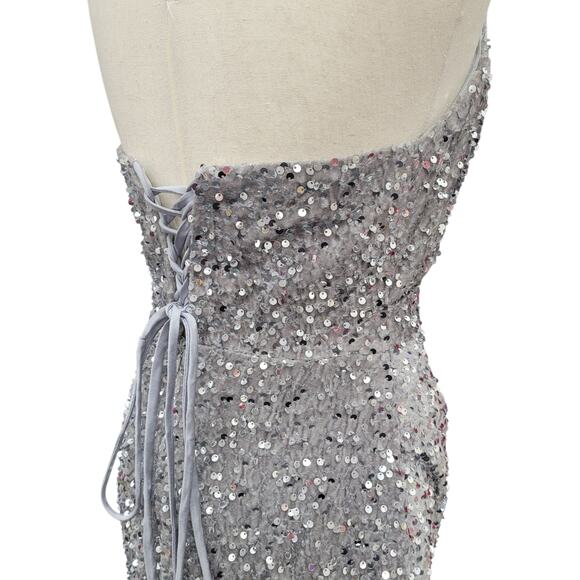 NWT Silver Strapless Sequin Evening Gown with Corset Back on Velvet Fabric - Picture 5 of 13